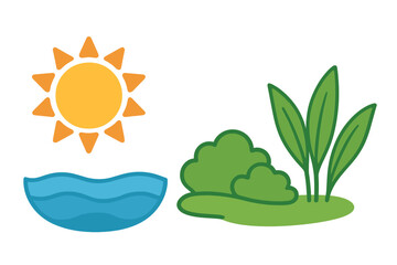 Nature elements vector icon set. Sun, water, plant, and earth symbols. Simple flat cartoon illustration for ecology, environment, weather, and green concepts. Summer day.