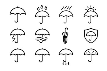 Umbrella line icon set. Weather pictograms. Rain, sun, wind, storm, protection concept. Vector outline symbols for web, UI, UX, app design. Parasol insurance security icons.