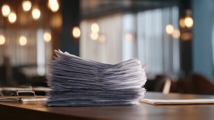 Medium shot highlighting a stack of freshly submitted KYC documentation on a desk with a busy bank interior gently out of focus behind.