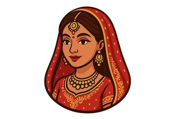 Beautiful Indian woman portrait in traditional red sari and gold jewelry. Vector cartoon avatar of a Hindu bride. Desi girl illustration for cultural events and wedding design.
