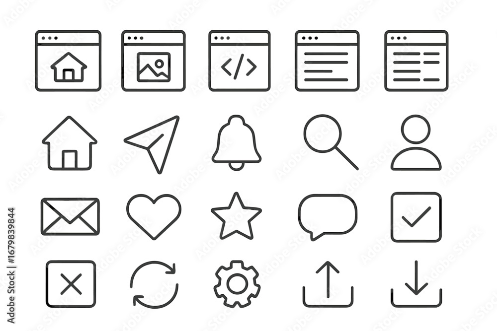 Poster web and mobile app line icon set. user interface ui ux kit for website design. minimal linear pictog