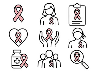 Breast cancer awareness pink ribbon vector icon set. Medical support, hope, and charity symbols. Health care, prevention, diagnosis, and treatment for women's health month.