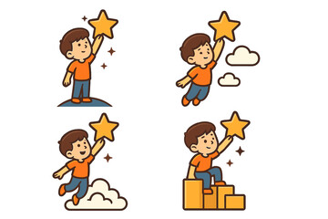 Fototapeta premium Boy reaching for a star cartoon set. Metaphor for achieving a goal, dream, success. Child climbing stairs and flying. Ambition, progress, motivation, hope vector icon collection.