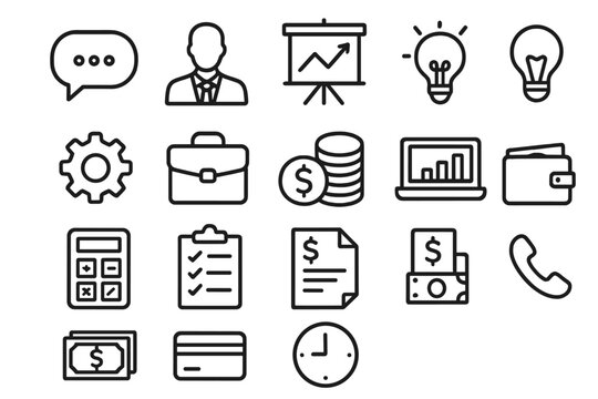 Business and finance line icon set. Office essentials, communication, and corporate management symbols. Vector outline icons for money, banking, investment, and strategy.