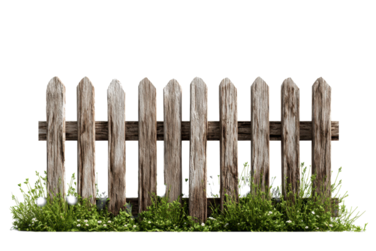 Weathered Wooden Picket Fence with Grass on Transparent Background