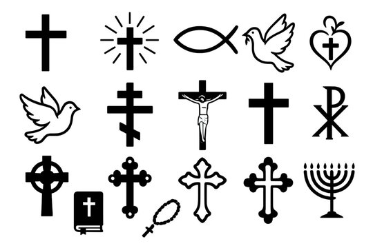 Christian religious symbols set. Cross, crucifix, dove, bible, ichthys, Chi Rho. Catholic and orthodox faith icons. Jesus Christ, holy spirit, god, spirituality vector signs. - Powered by Adobe