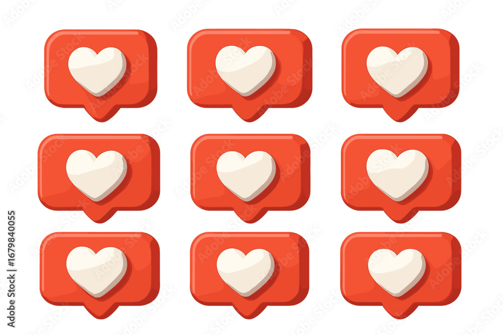 Poster set of 3d social media like and love icons. red notification bubble with heart symbol for social net
