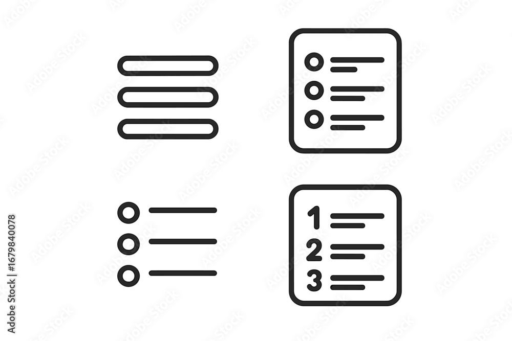 Poster menu and list outline icon collection. hamburger, checklist, numbered and bullet list symbols. vecto
