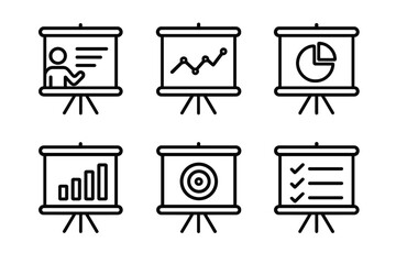 Presentation board line icon set. Business data analysis, marketing report, seminar and workshop symbols. Chart, graph, target, checklist vector icons. Editable stroke.