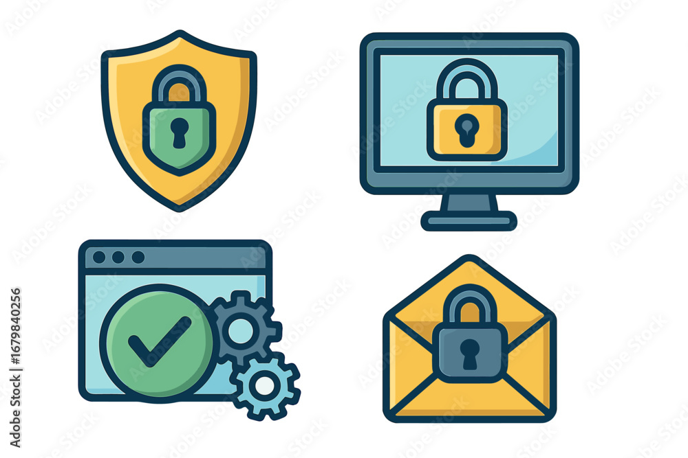 Poster cybersecurity icon set. online protection, data privacy concepts. vector shield, secure computer, pr