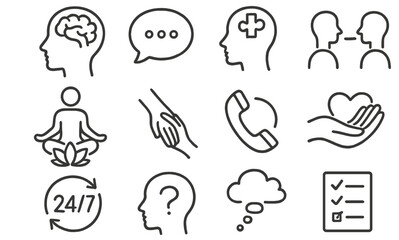 Mental health awareness symbols illustrating communication, support, and mindfulness activities in various settings