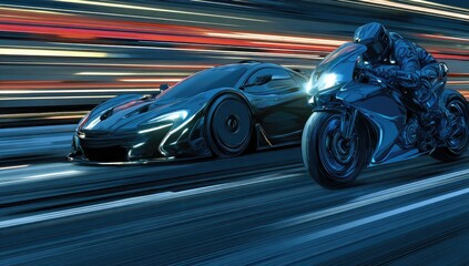 Fototapeta premium Night race, sports car and motorcycle. Blurred motion