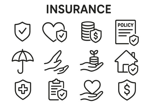 Insurance icons illustrating various aspects of protection, policies, and financial management for health and home needs