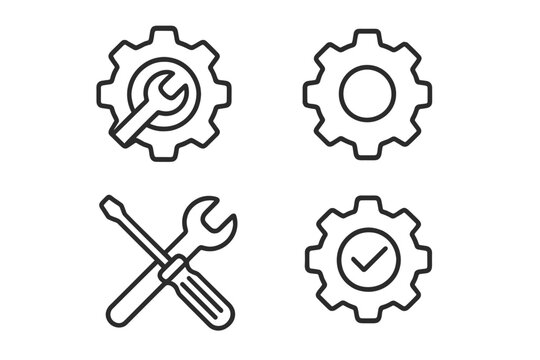 Thin line icons set for settings, maintenance, repair, gear, cog, wrench, screwdriver, check mark. Editable stroke vector illustration for web, app UI, user interface, tools, technology, engineering.