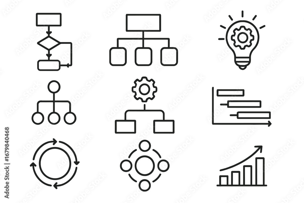 Poster business process and project management line icon set. workflow, flowchart, organization chart, and 