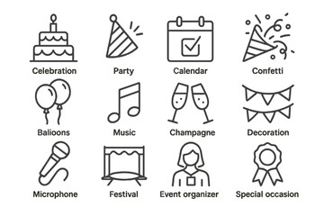 Celebration themed icons showcasing party elements for a festive occasion and event planning