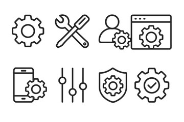 Thin Line Technology Icons Set for Settings, Configuration, Customization, Security, Mobile, Web, Tools, User Preferences, Maintenance, Editable Stroke, Transparent Background, Vector Illustration