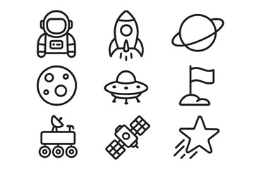 Space exploration line icon set. Vector collection of astronomy, cosmos symbols. Astronaut, rocket launch, planet, ufo, satellite, moon rover, star. Science linear icons.