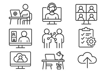 Remote work activities and online communication tools illustrated through simple icons for modern professionals