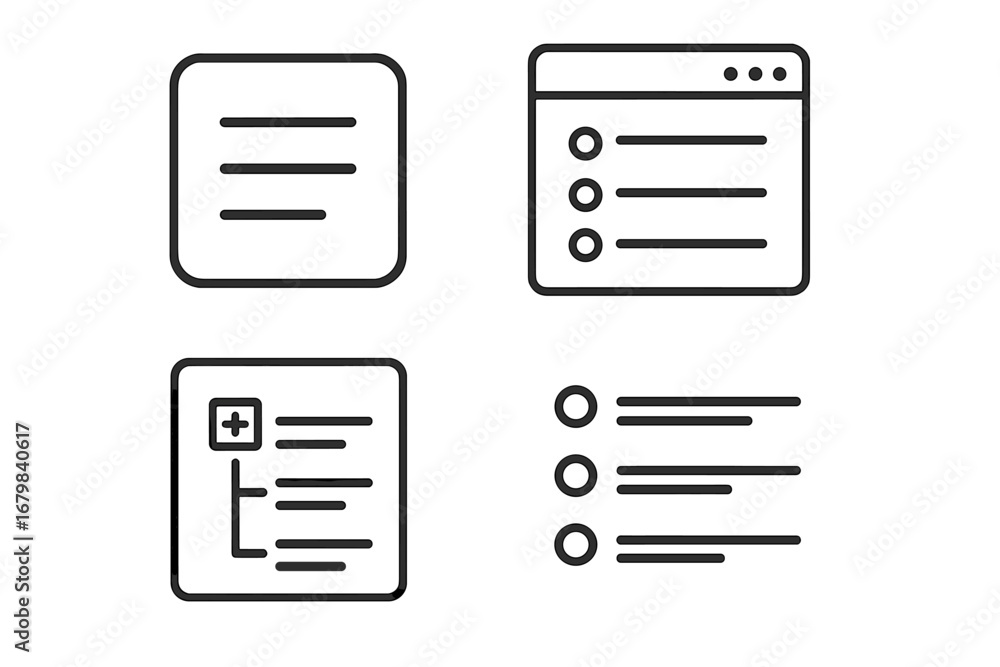 Poster ui ux line icon set for web and app design. menu, list, checklist, and navigation symbols. editable 