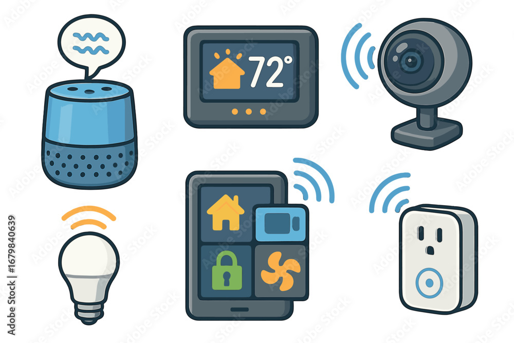 Poster smart home technology vector icon set. internet of things (iot) automation system. devices include s