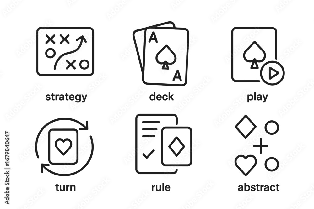 Poster card game and board game linear icon set. vector outline pictograms for strategy, deck of cards, pla