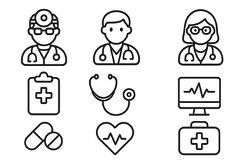 Doctor icon set. Medical and healthcare symbols. Medicine pictogram collection. Line art illustration of doctor avatar, nurse, cardiology, stethoscope, heartbeat, EKG, pills, first aid kit.