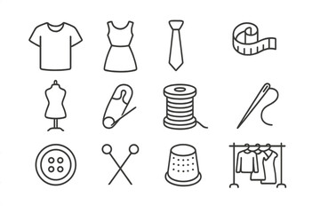 Sewing and garment making line icon set. Vector collection of tailor tools and clothing symbols. Includes needle, thread, button, mannequin, and editable stroke icons.