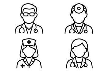 Doctor, nurse, surgeon avatar icon set. Medical staff, healthcare professional, hospital, clinic personnel. Thin line vector art with editable stroke. Man and woman characters.