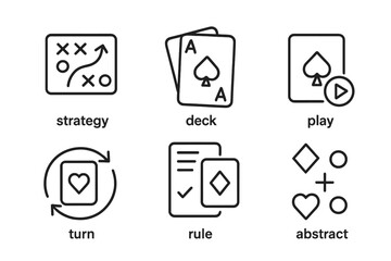 Card game and board game linear icon set. Vector outline pictograms for strategy, deck of cards, play button, turn based, game rules and abstract elements for UI design.