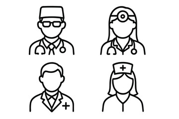 Doctor avatar thin line icon set. Medical staff collection. Male and female doctor, nurse, surgeon characters. Healthcare professional symbol. Editable stroke vector illustration.
