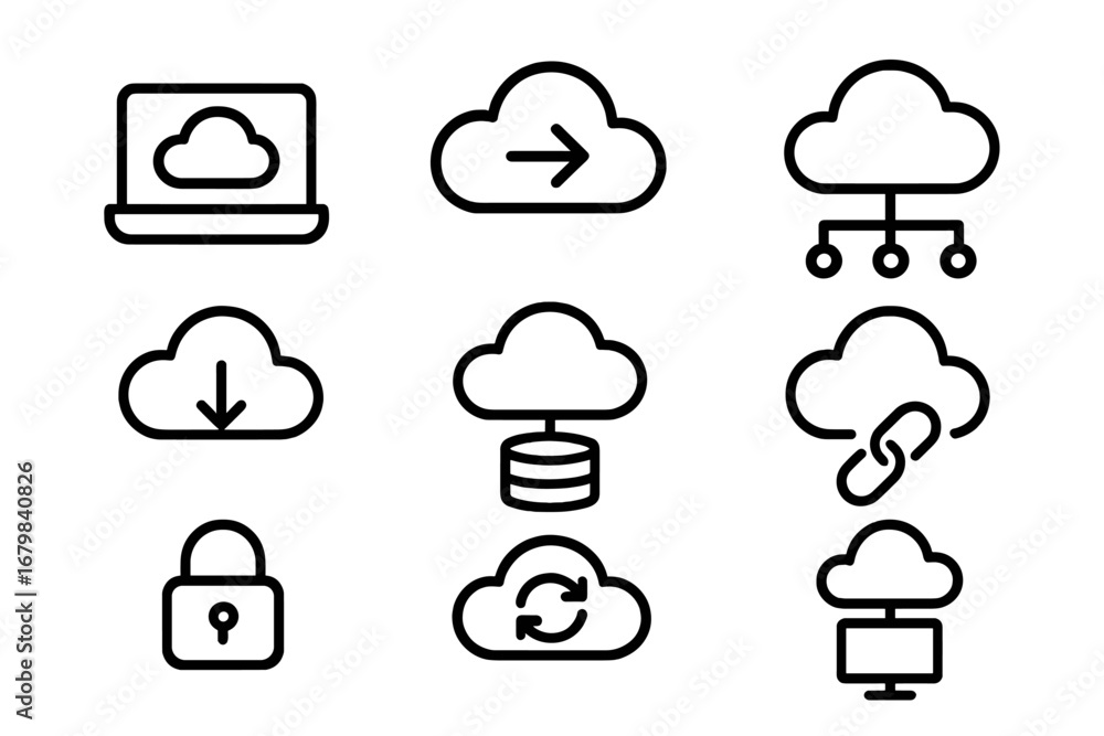Poster cloud technology line icon set. computing, storage, and network symbols. data hosting, server connec