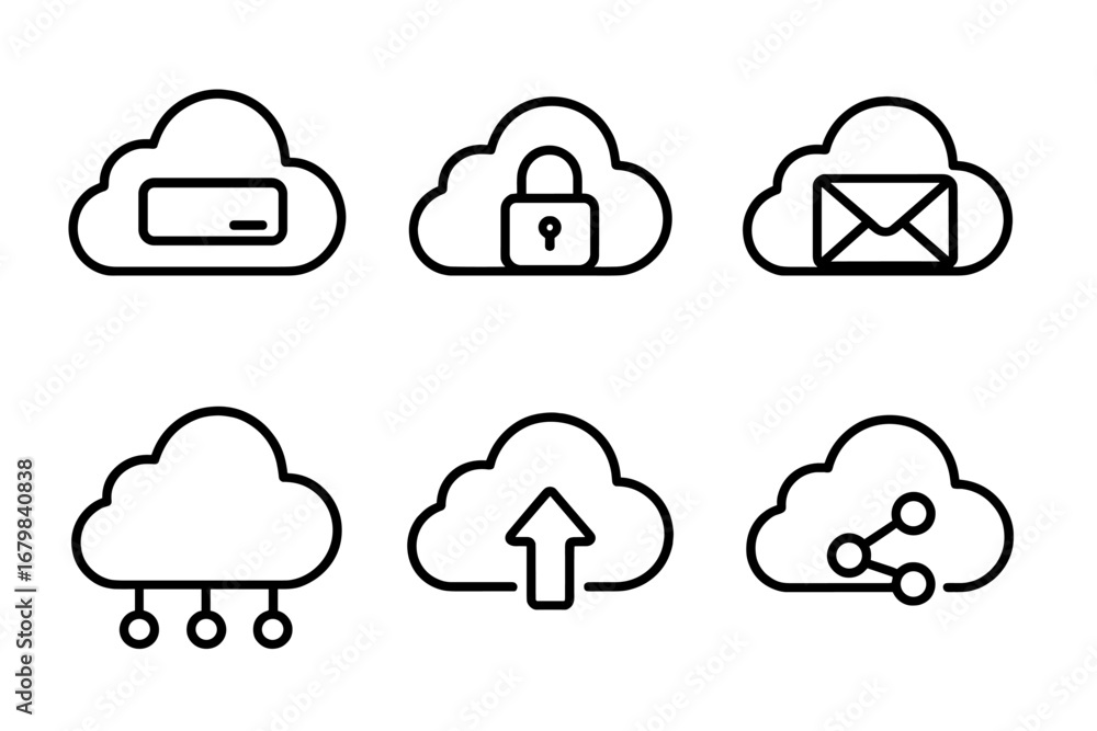 Poster cloud computing outline icon set. vector line art symbols for data storage, network security, email,