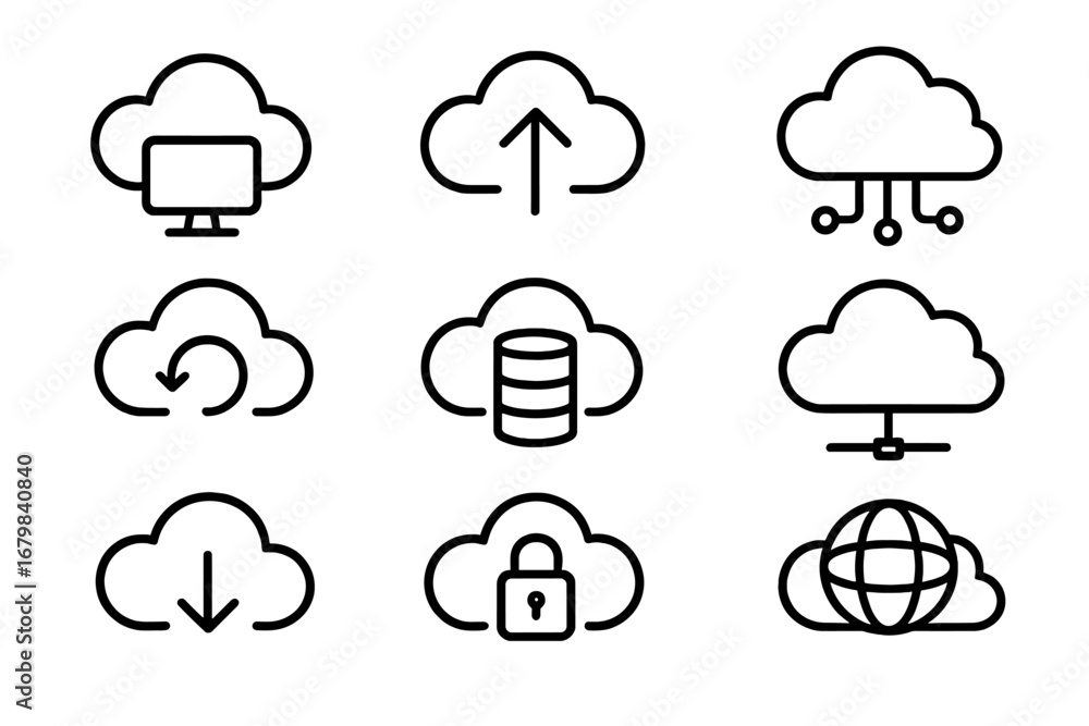 Poster cloud computing technology line icon set. icons for cloud storage, network, server, database, securi