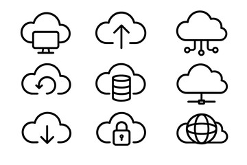 Cloud computing technology line icon set. Icons for cloud storage, network, server, database, security, data transfer, backup and restore. Vector outline symbol collection.