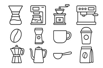 Coffee equipment line icon set. Barista tool collection. Brewer, grinder, cup, moka pot, espresso machine, pour over. Vector illustration for cafe menu, coffee shop sign.