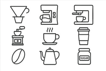 Coffee making line icon set. Vector collection of coffee shop equipment symbols. Brewer, grinder, espresso machine, cup, and accessories. Simple barista pictogram collection.