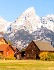 Mountain range, fall colors, rustic homes