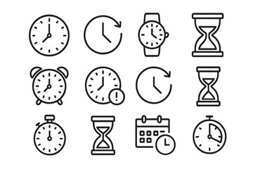 Time management and scheduling concept linear icons collection. Clock, stopwatch, alarm, wristwatch, calendar, hourglass line symbols set for web, app, print, study, business, education, reminders