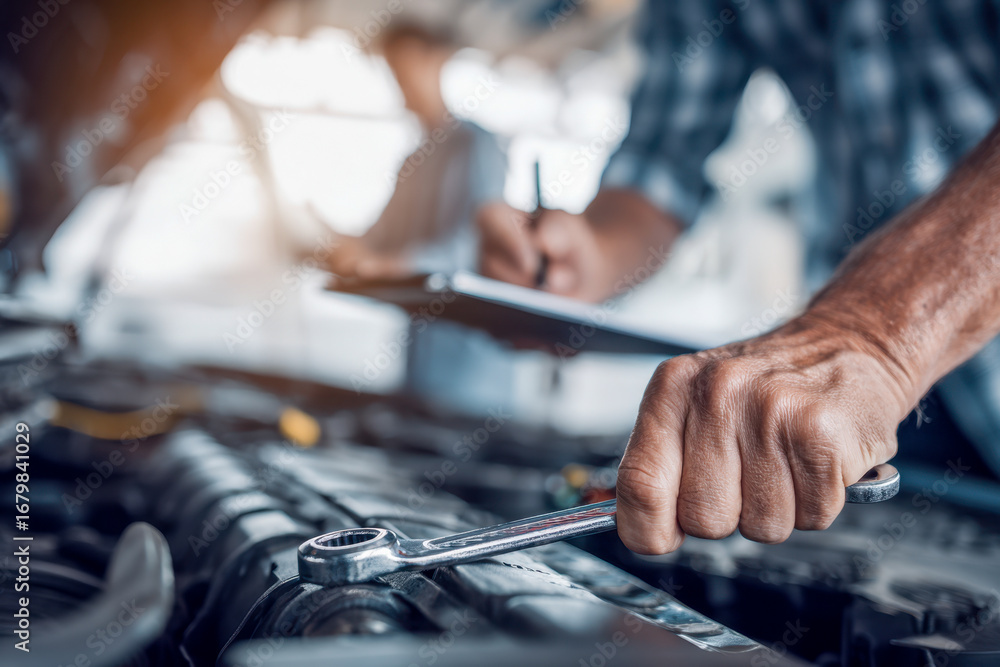 Poster mechanic examining car engine with wrench while a colleague takes notes on clipboard during detailed