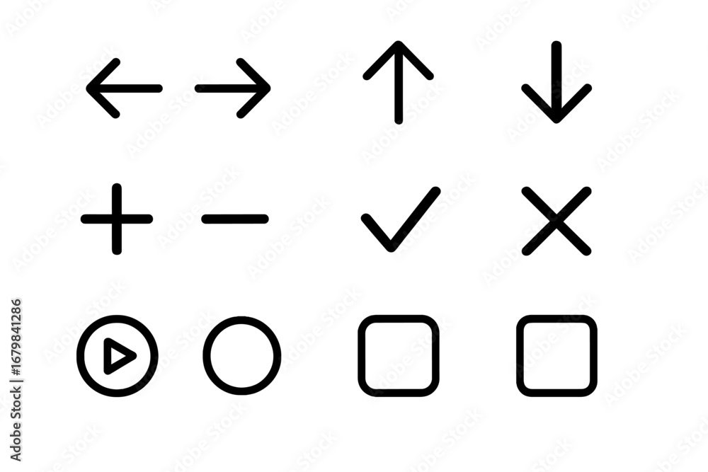 Aufkleber minimalist ui icon set with essential symbols like arrow, plus, minus, check mark, cross, and play b