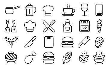 Cooking line icon set. Kitchen, food, restaurant, BBQ, and grill outline pictograms. Vector symbols for chef, culinary, menu design, web, and apps. Editable stroke.