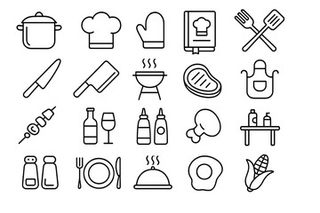 Cooking kitchen line icon set. Food preparation, restaurant menu elements. Chef hat, pot, grill, steak, knife, recipe book. Vector outline pictograms for web, app, graphic design.