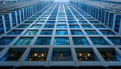 Naklejka premium A towering skyscraper facade, exhibiting a grid of numerous rectangular windows, showcasing a modern architectural design and creating a sense of height and vastness.