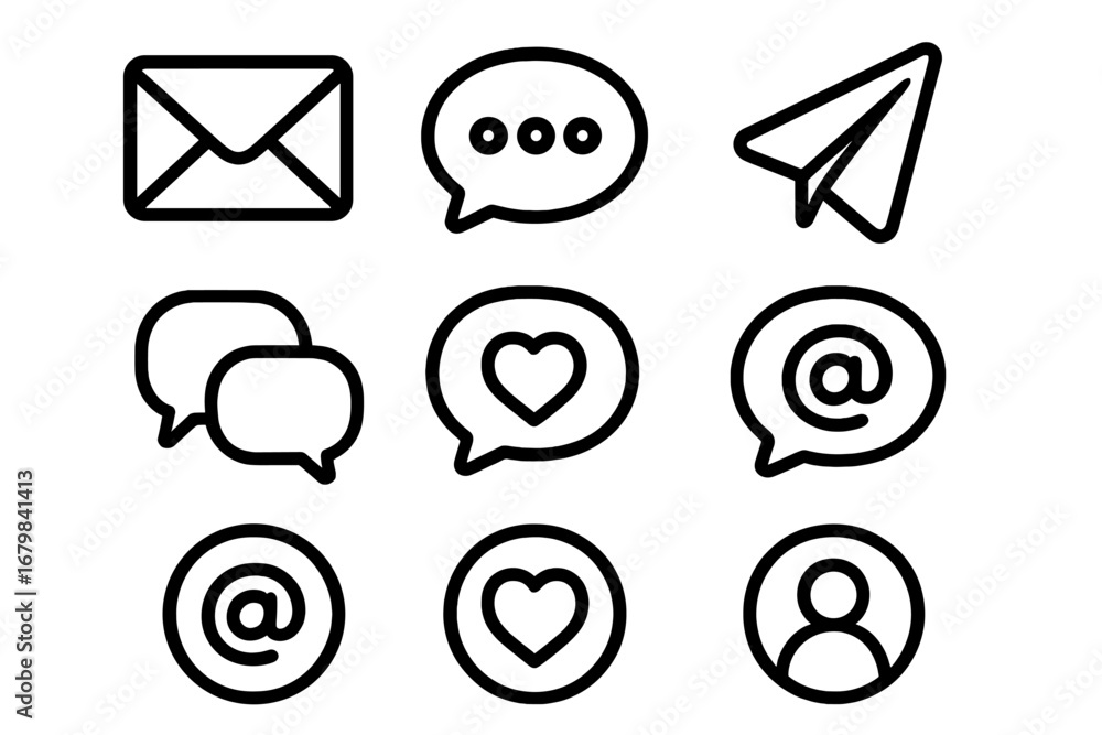 Poster communication and messaging outline icon set for social media and web. includes email, chat, like, s