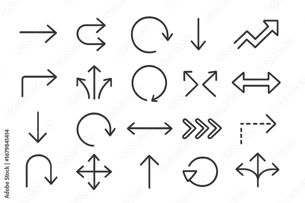 Poster arrow line icon collection. set of outline direction signs for navigation and web design. vector poi
