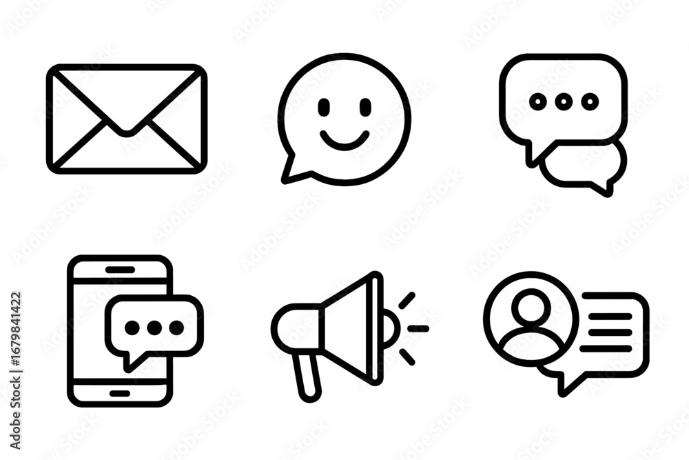 Poster communication and messaging outline icon set. includes email, chat bubble, social media, and mobile 