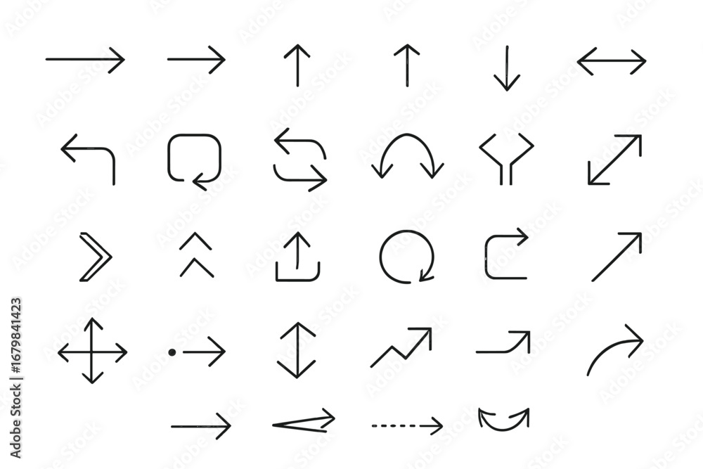 Poster arrow thin line icon set. vector simple outline signs for navigation and web design. pointers collec