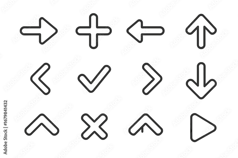 Poster minimalist line icons set for ui and ux design. contains essential interface symbols like arrow, plu