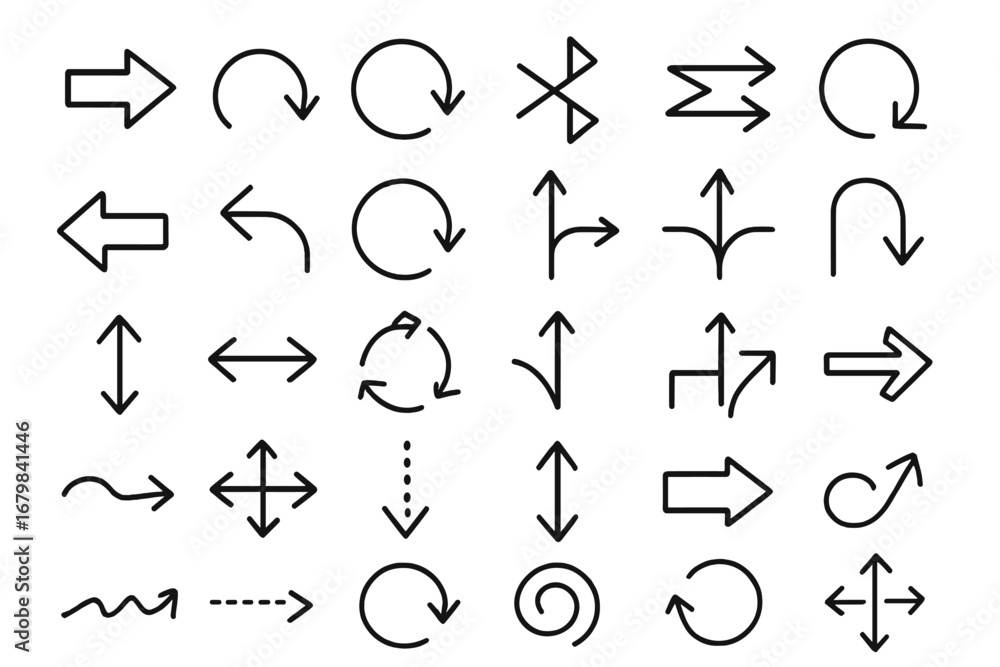 Poster arrow line icon set. various direction and navigation symbols. simple outline signs for graphic and 